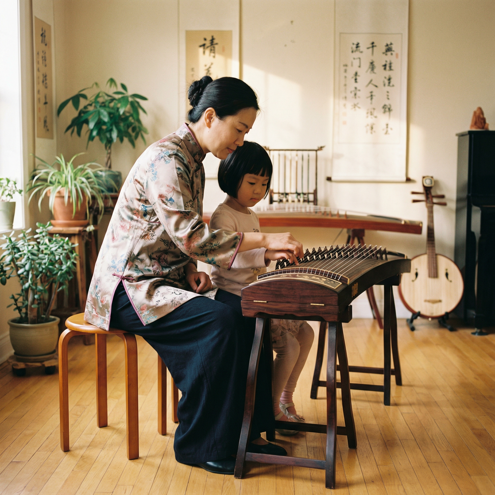 老师教小朋友弹古筝