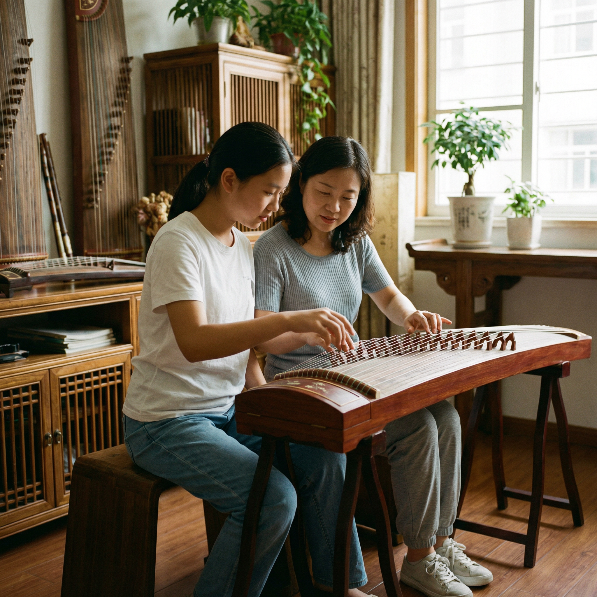 老师教初中生弹古筝