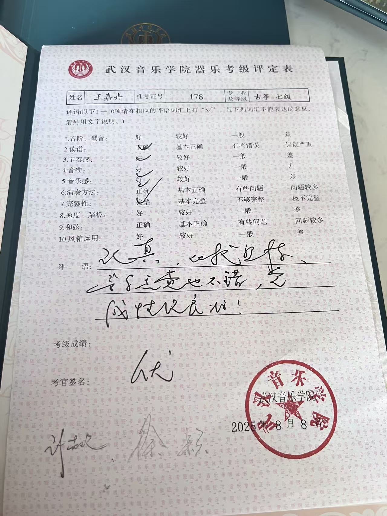 王嘉卉 武汉音乐学院古筝七级 优